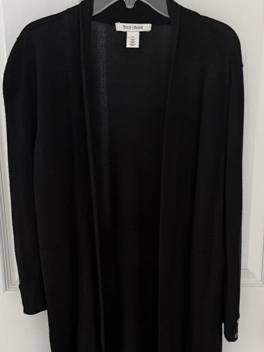 WHITE HOUSE BLACK MARKET, black 3/4 length sleeve cardigan, longer front, M